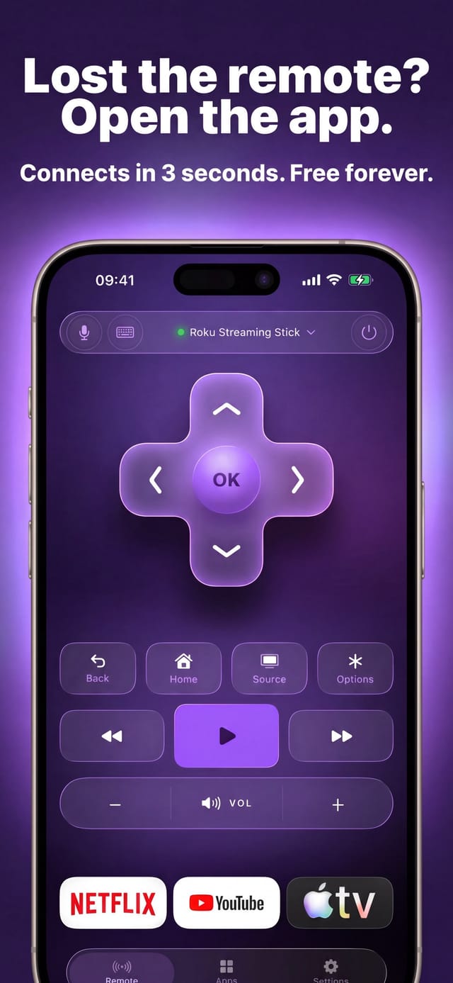 Auxility Remote D-Pad controlling a Roku Streaming Stick over Wi-Fi