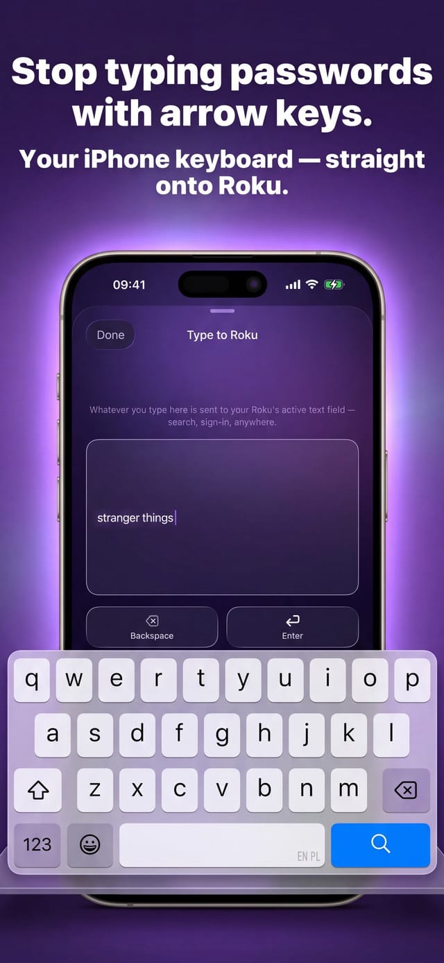 Auxility Remote app on iPhone typing into a Roku search box over Wi-Fi